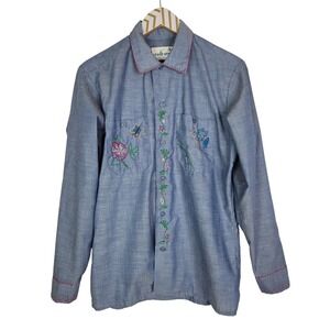 Vtg SEAFARER Shirt Womens Medium Blue Chambray Embroidered Flowers Birds‎ Boho